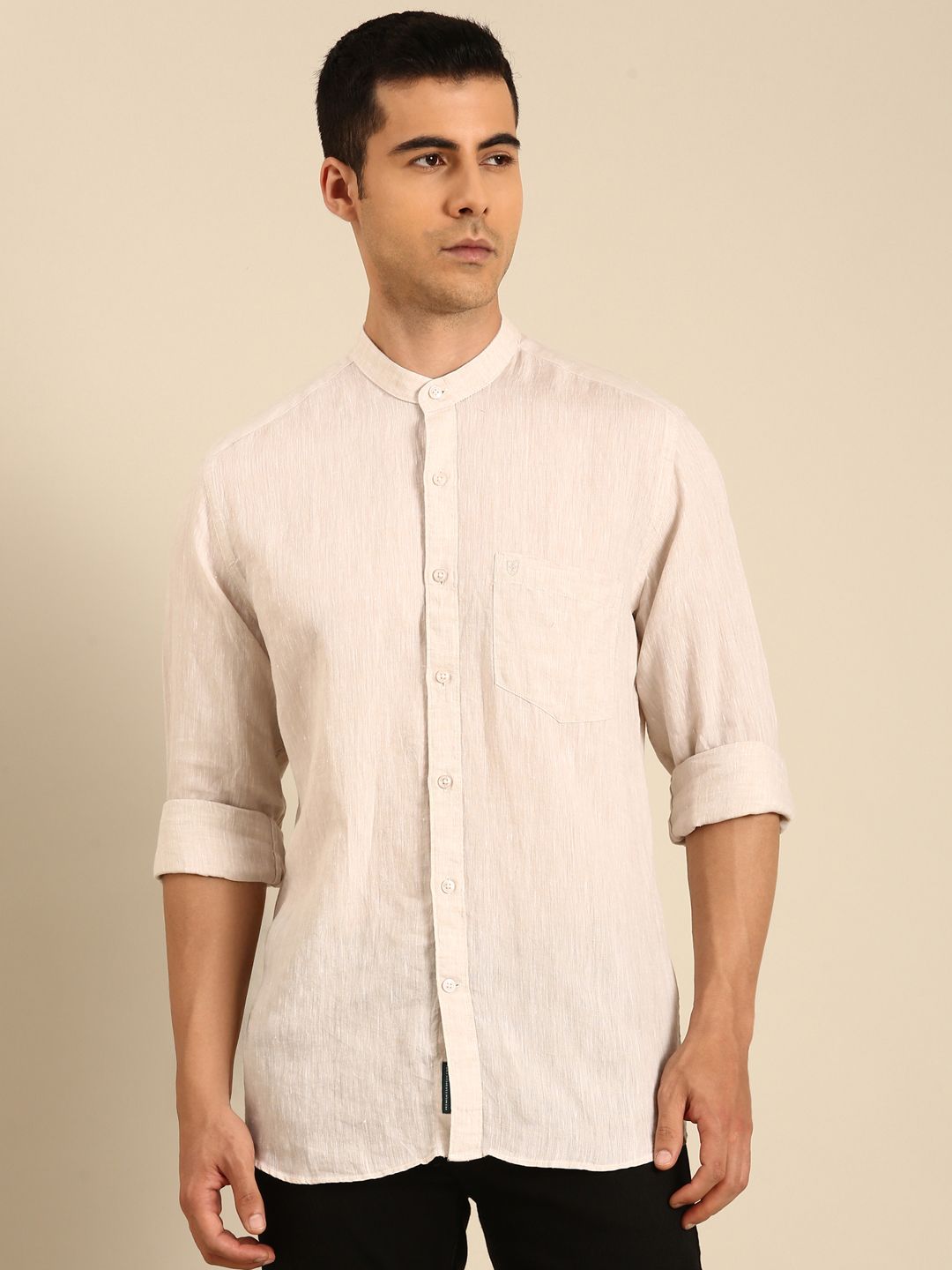 Linen Club Men's Linen Blend Beige Solid Contemporary Fit Full Sleeves Casual Shirt With Mandarin Collar