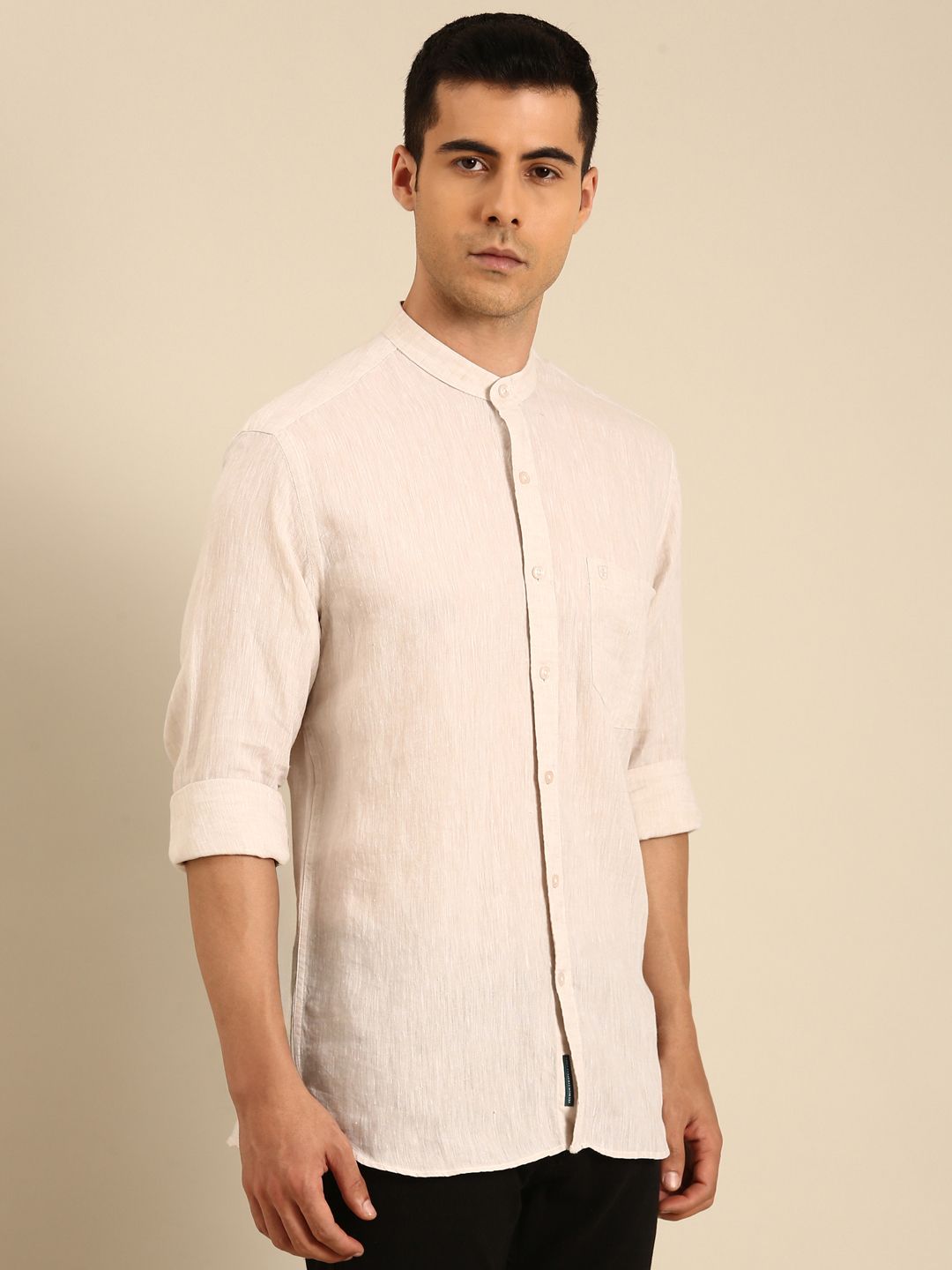 Linen Club Men's Linen Blend Beige Solid Contemporary Fit Full Sleeves Casual Shirt With Mandarin Collar