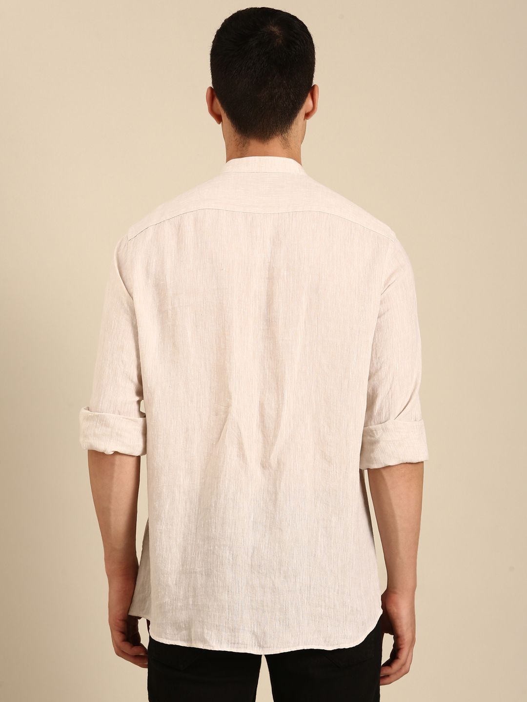 Linen Club Men's Linen Blend Beige Solid Contemporary Fit Full Sleeves Casual Shirt With Mandarin Collar