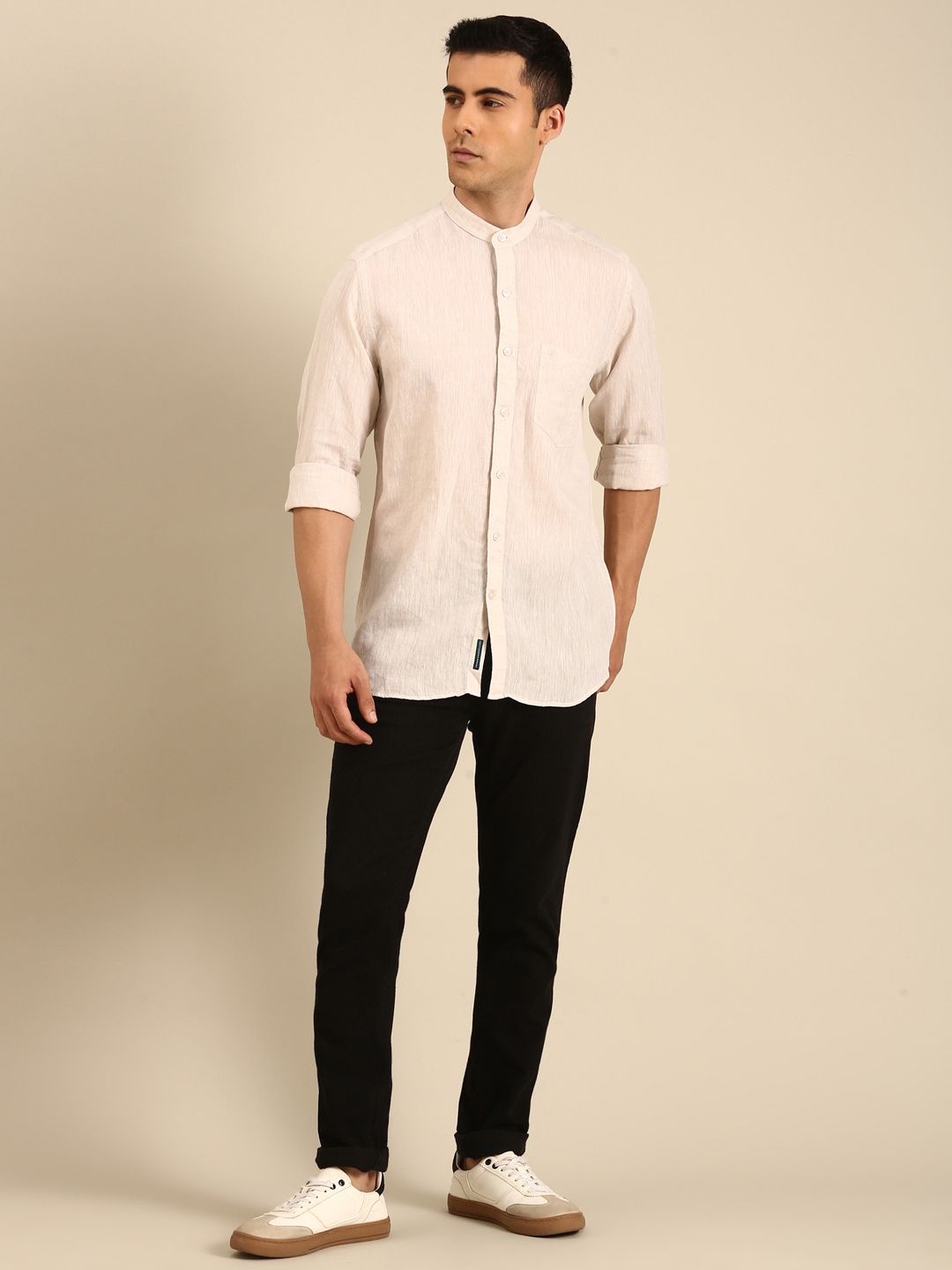 Linen Club Men's Linen Blend Beige Solid Contemporary Fit Full Sleeves Casual Shirt With Mandarin Collar