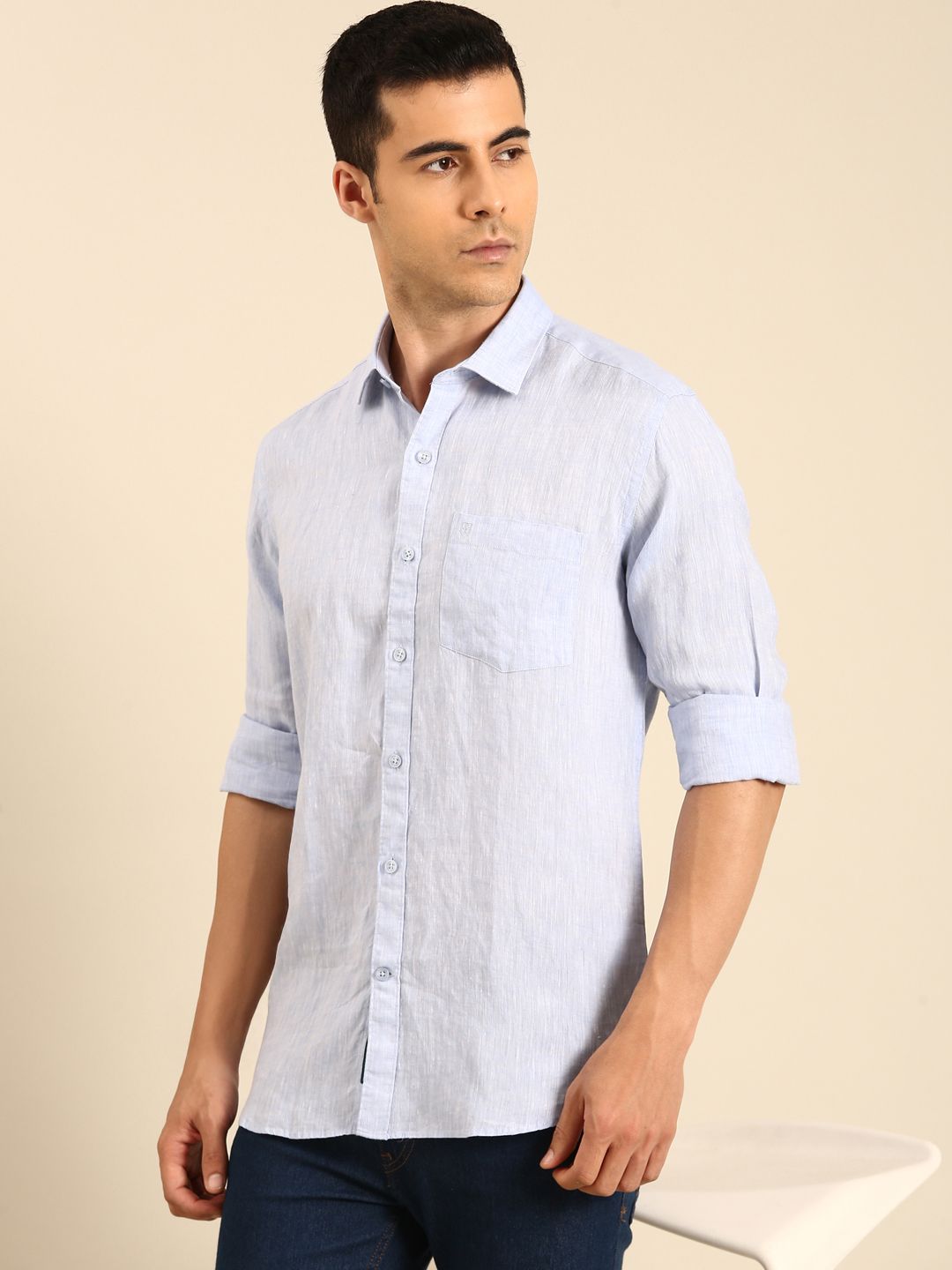 Linen Club Men's Linen Blend Sky Blue Solid Contemporary Fit Full Sleeves Casual Shirt