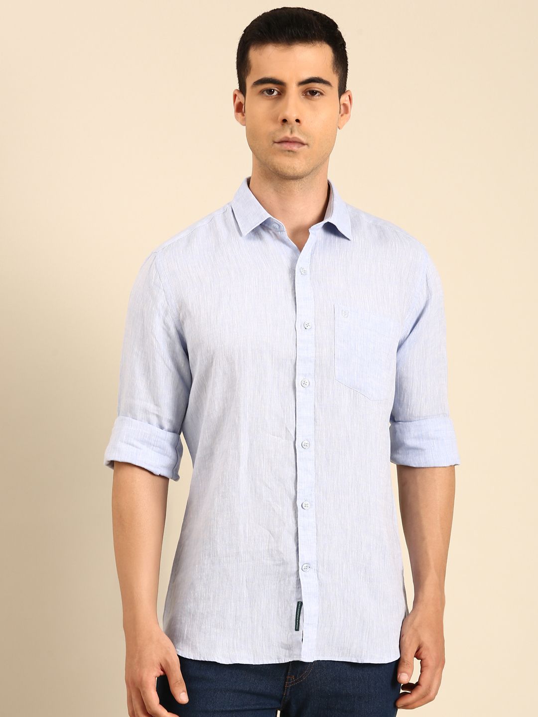 Linen Club Men's Linen Blend Sky Blue Solid Contemporary Fit Full Sleeves Casual Shirt
