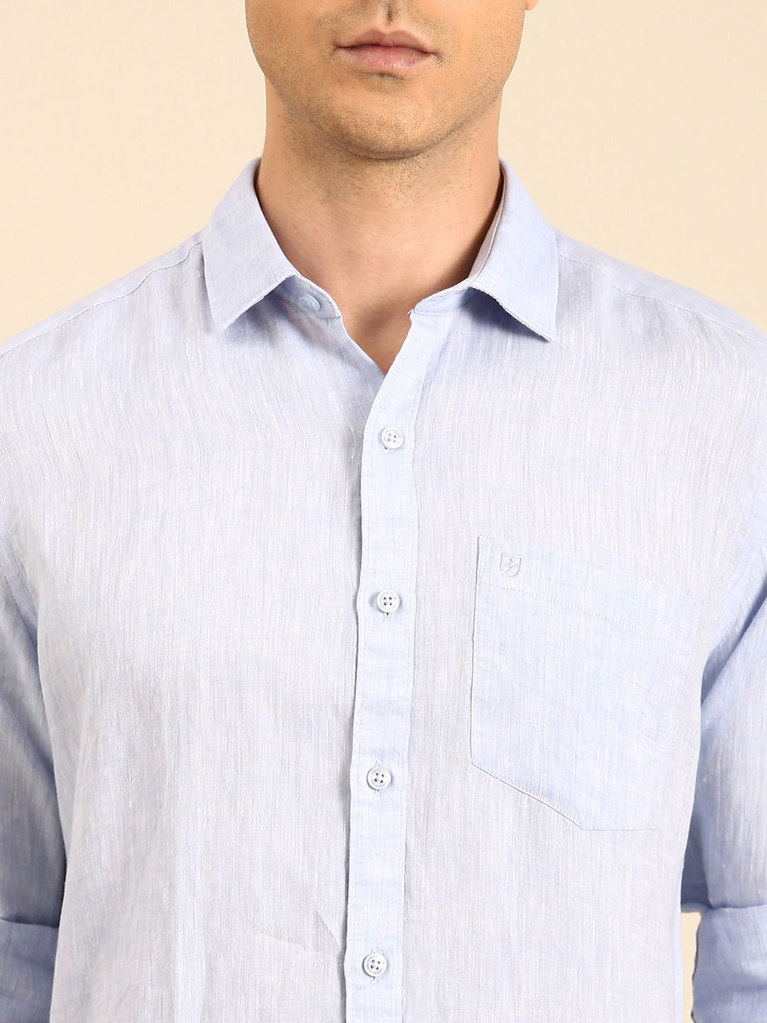 Linen Club Men's Linen Blend Sky Blue Solid Contemporary Fit Full Sleeves Casual Shirt