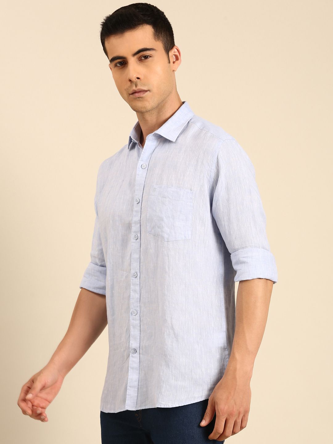 Linen Club Men's Linen Blend Sky Blue Solid Contemporary Fit Full Sleeves Casual Shirt