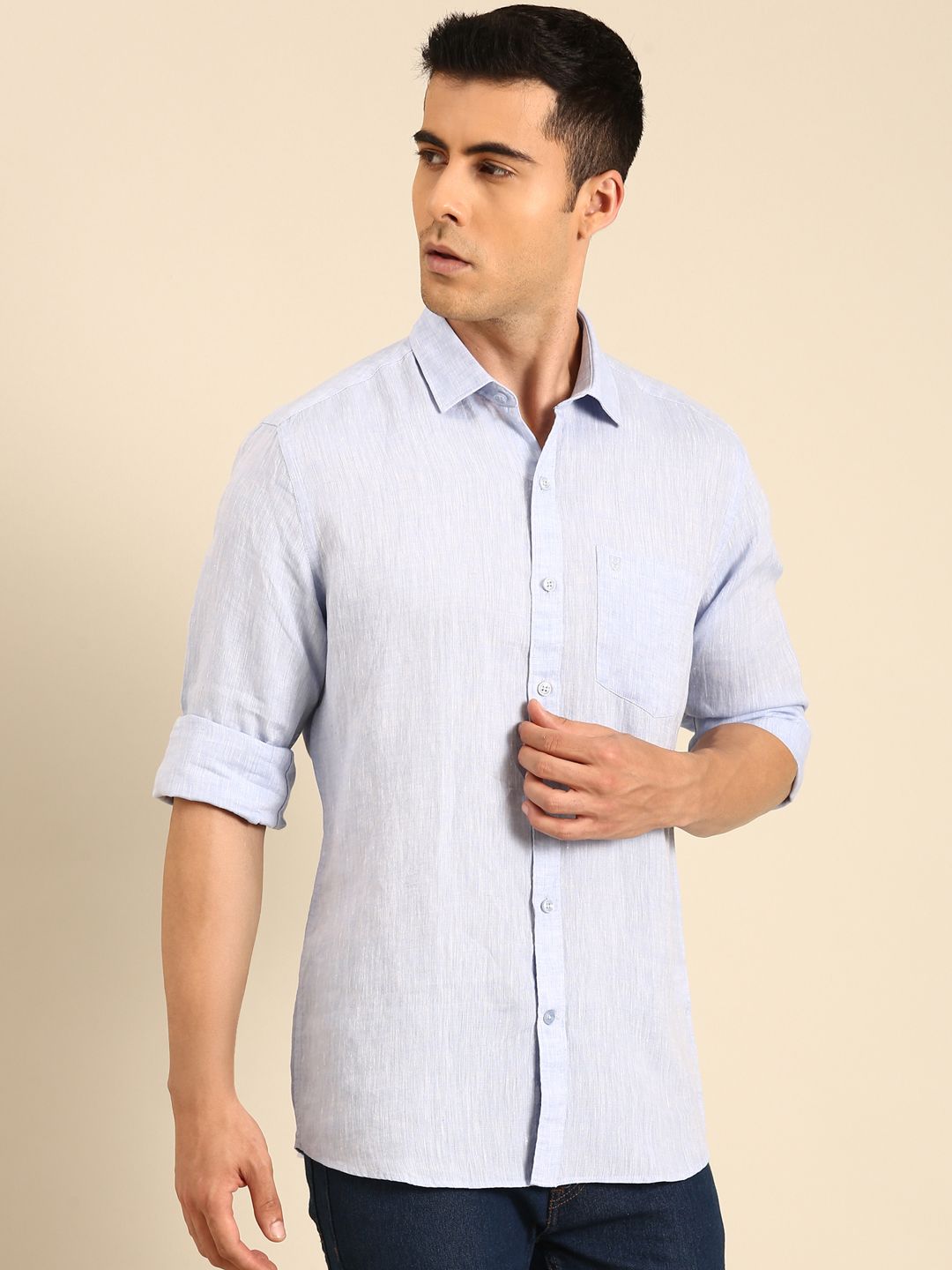 Linen Club Men's Linen Blend Sky Blue Solid Contemporary Fit Full Sleeves Casual Shirt