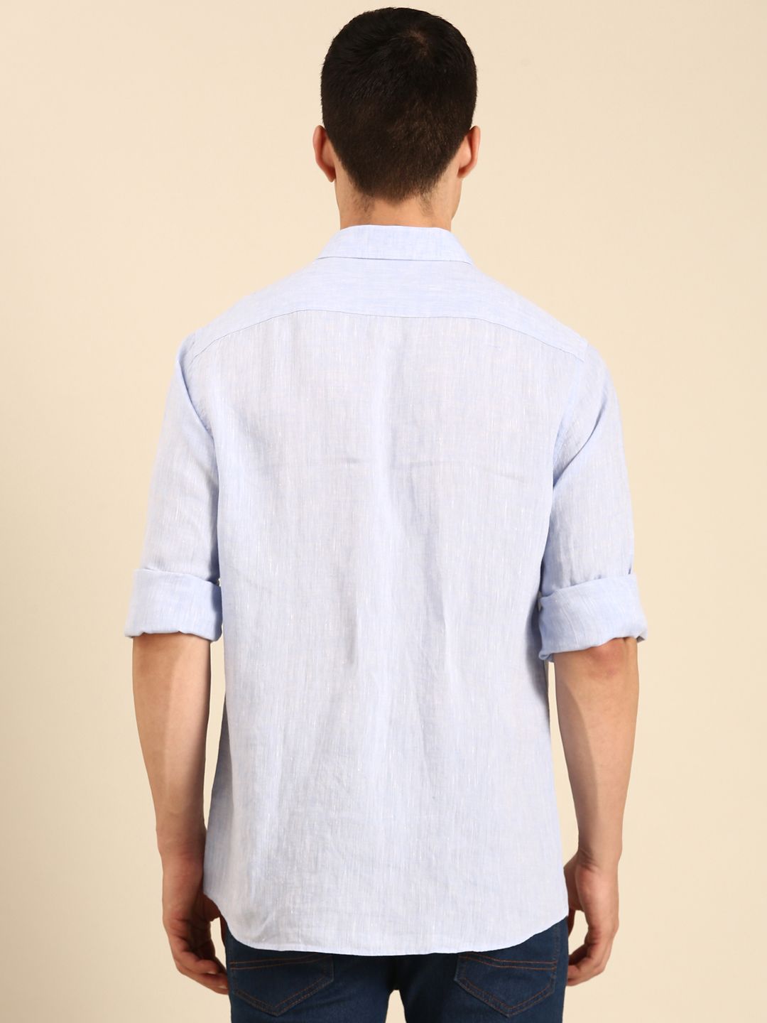 Linen Club Men's Linen Blend Sky Blue Solid Contemporary Fit Full Sleeves Casual Shirt