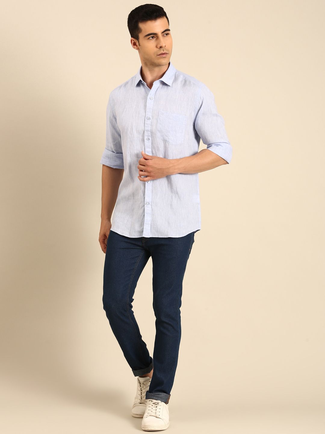 Linen Club Men's Linen Blend Sky Blue Solid Contemporary Fit Full Sleeves Casual Shirt