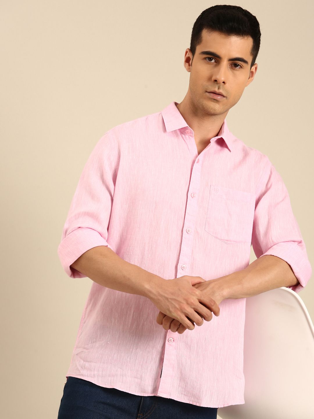 Linen Club Men's Linen Blend Candy Pink Solid Contemporary Fit Full Sleeves Casual Shirt