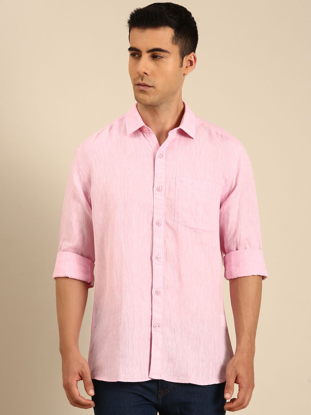 Linen Club Men's Linen Blend Candy Pink Solid Contemporary Fit Full Sleeves Casual Shirt