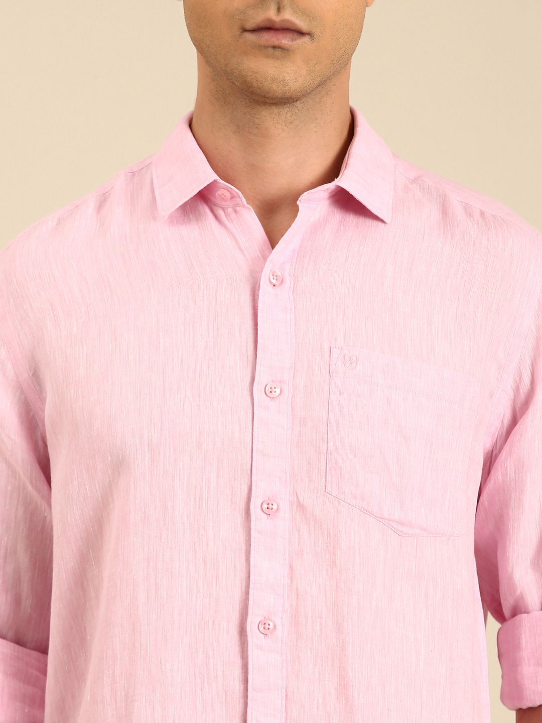 Linen Club Men's Linen Blend Candy Pink Solid Contemporary Fit Full Sleeves Casual Shirt