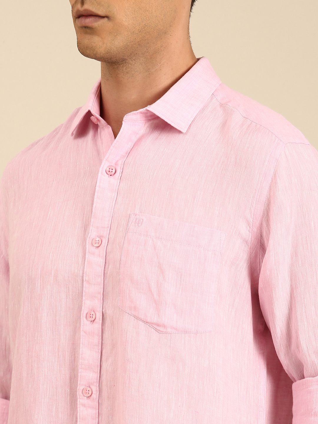 Linen Club Men's Linen Blend Candy Pink Solid Contemporary Fit Full Sleeves Casual Shirt