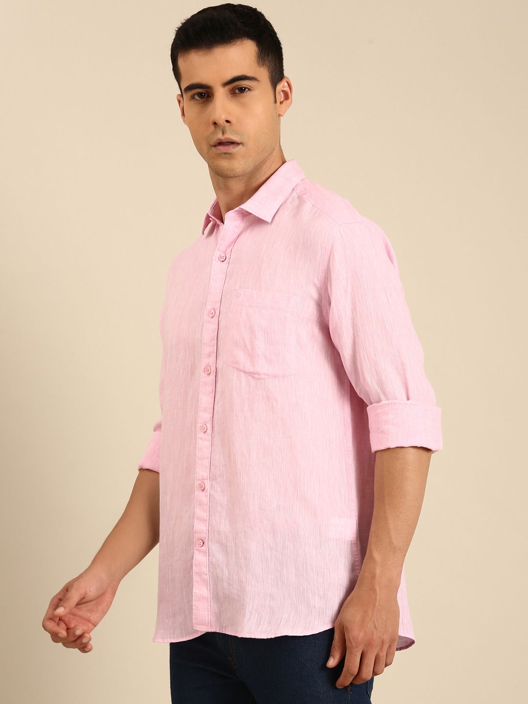Linen Club Men's Linen Blend Candy Pink Solid Contemporary Fit Full Sleeves Casual Shirt