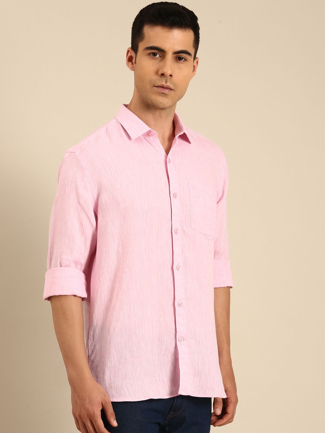 Linen Club Men's Linen Blend Candy Pink Solid Contemporary Fit Full Sleeves Casual Shirt