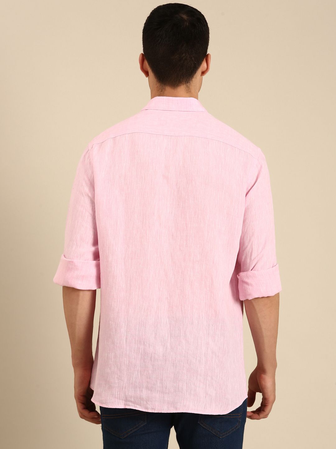 Linen Club Men's Linen Blend Candy Pink Solid Contemporary Fit Full Sleeves Casual Shirt