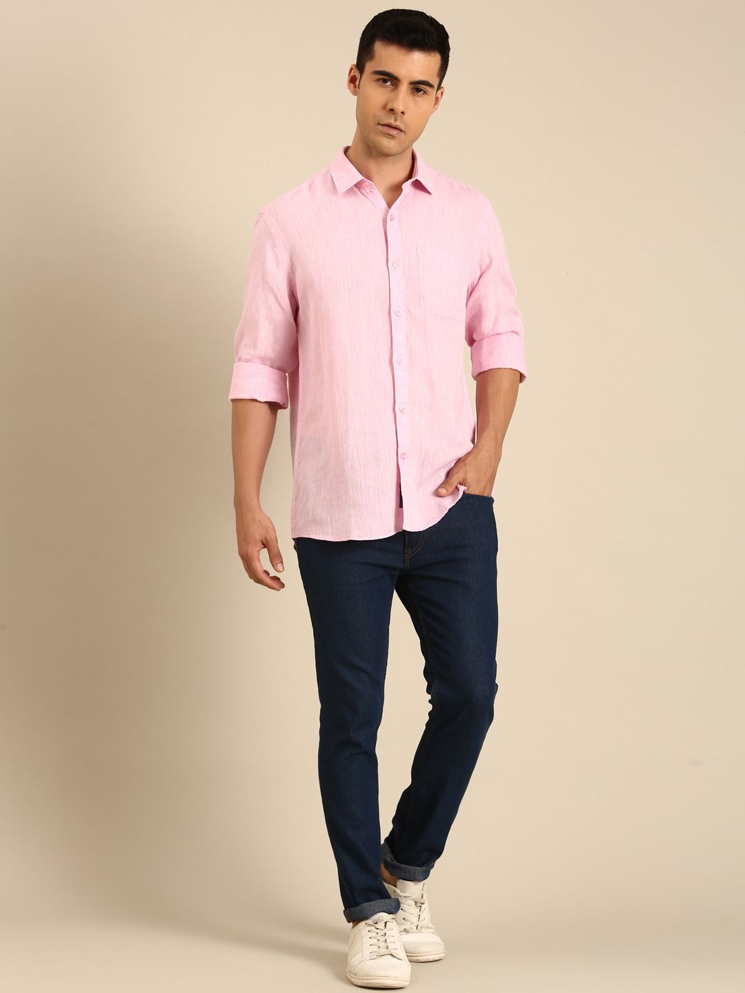 Linen Club Men's Linen Blend Candy Pink Solid Contemporary Fit Full Sleeves Casual Shirt