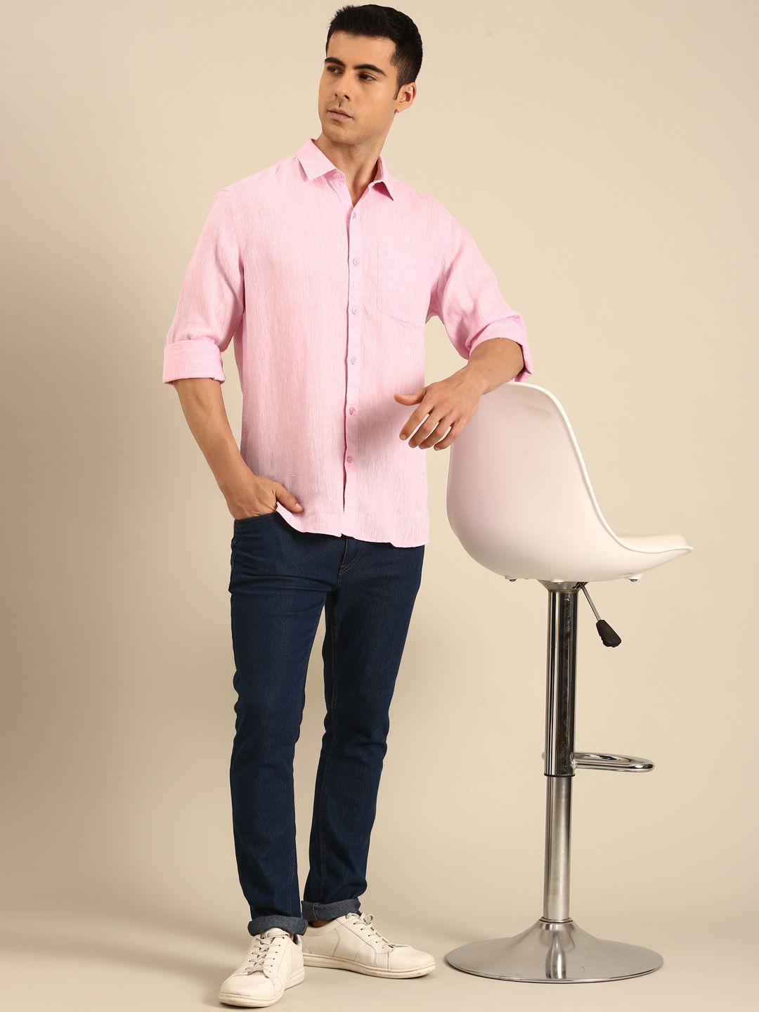 Linen Club Men's Linen Blend Candy Pink Solid Contemporary Fit Full Sleeves Casual Shirt