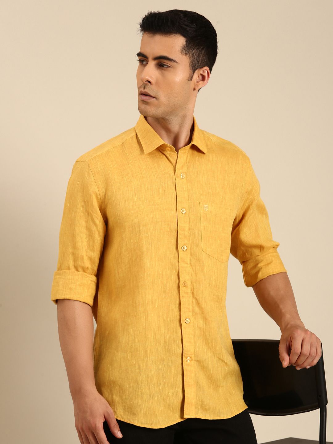 Linen Club Men's Linen Blend Mustard Solid Contemporary Fit Full Sleeves Casual Shirt