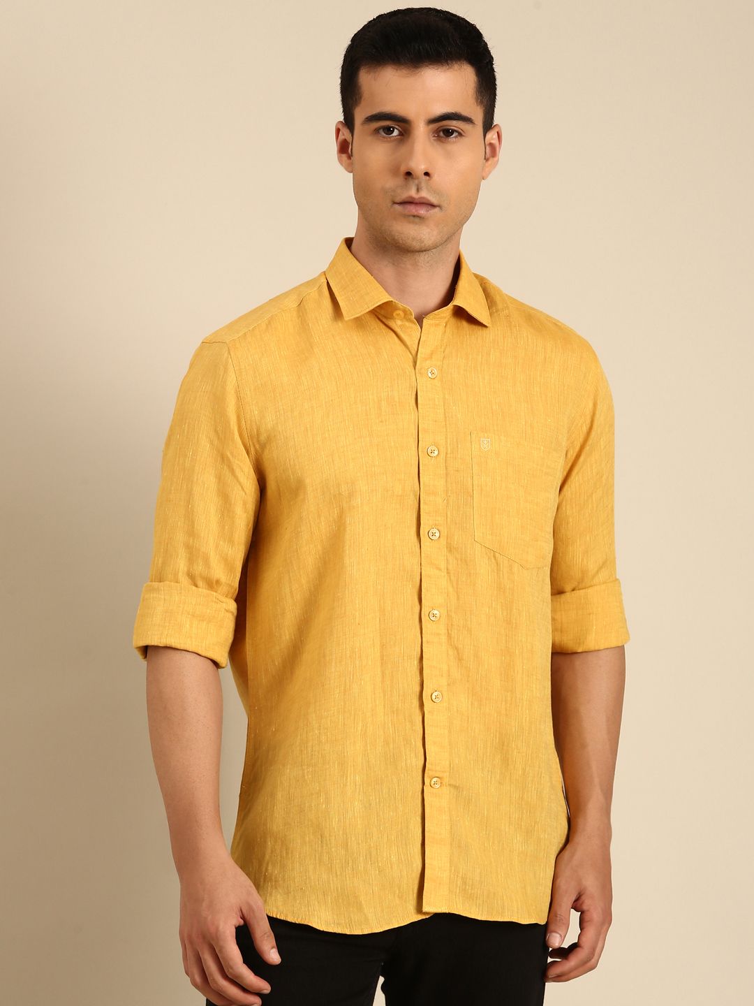 Linen Club Men's Linen Blend Mustard Solid Contemporary Fit Full Sleeves Casual Shirt