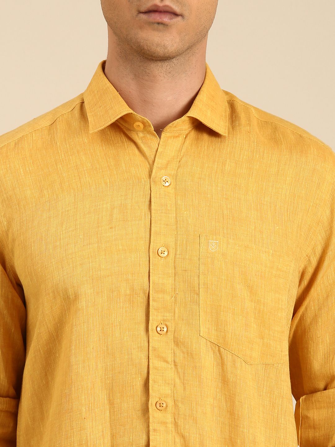 Linen Club Men's Linen Blend Mustard Solid Contemporary Fit Full Sleeves Casual Shirt