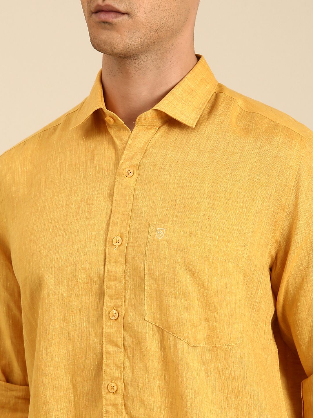 Linen Club Men's Linen Blend Mustard Solid Contemporary Fit Full Sleeves Casual Shirt