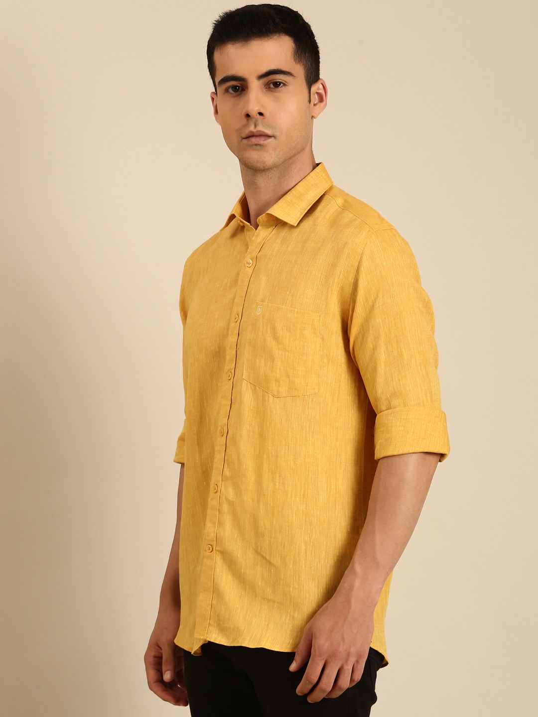Linen Club Men's Linen Blend Mustard Solid Contemporary Fit Full Sleeves Casual Shirt