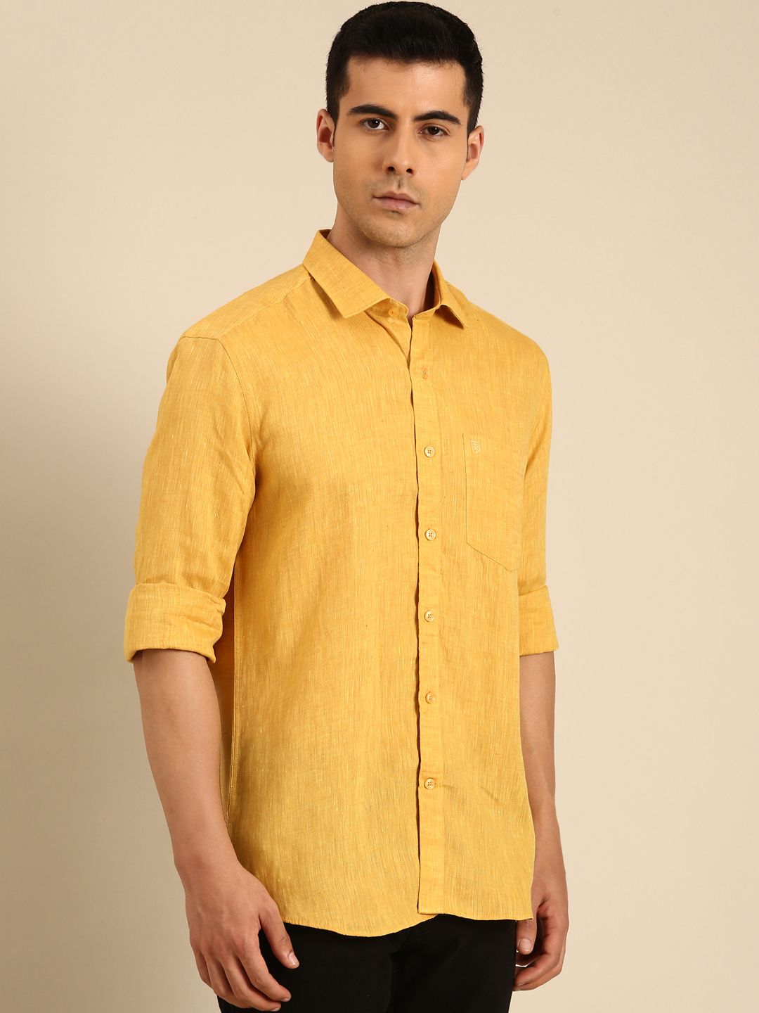 Linen Club Men's Linen Blend Mustard Solid Contemporary Fit Full Sleeves Casual Shirt