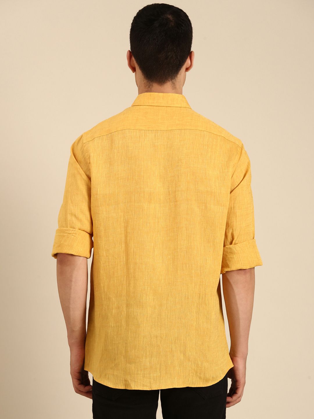 Linen Club Men's Linen Blend Mustard Solid Contemporary Fit Full Sleeves Casual Shirt