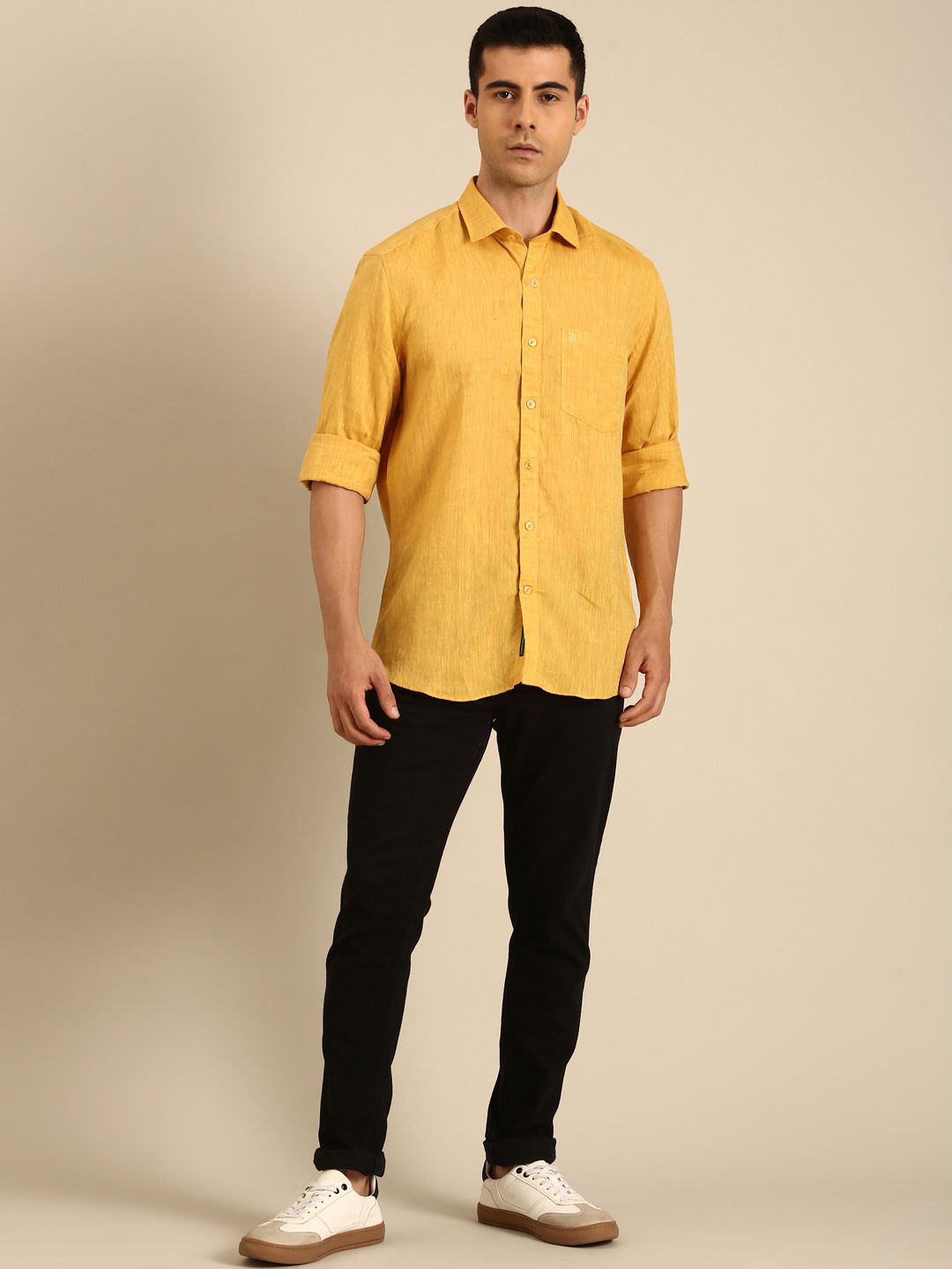 Linen Club Men's Linen Blend Mustard Solid Contemporary Fit Full Sleeves Casual Shirt