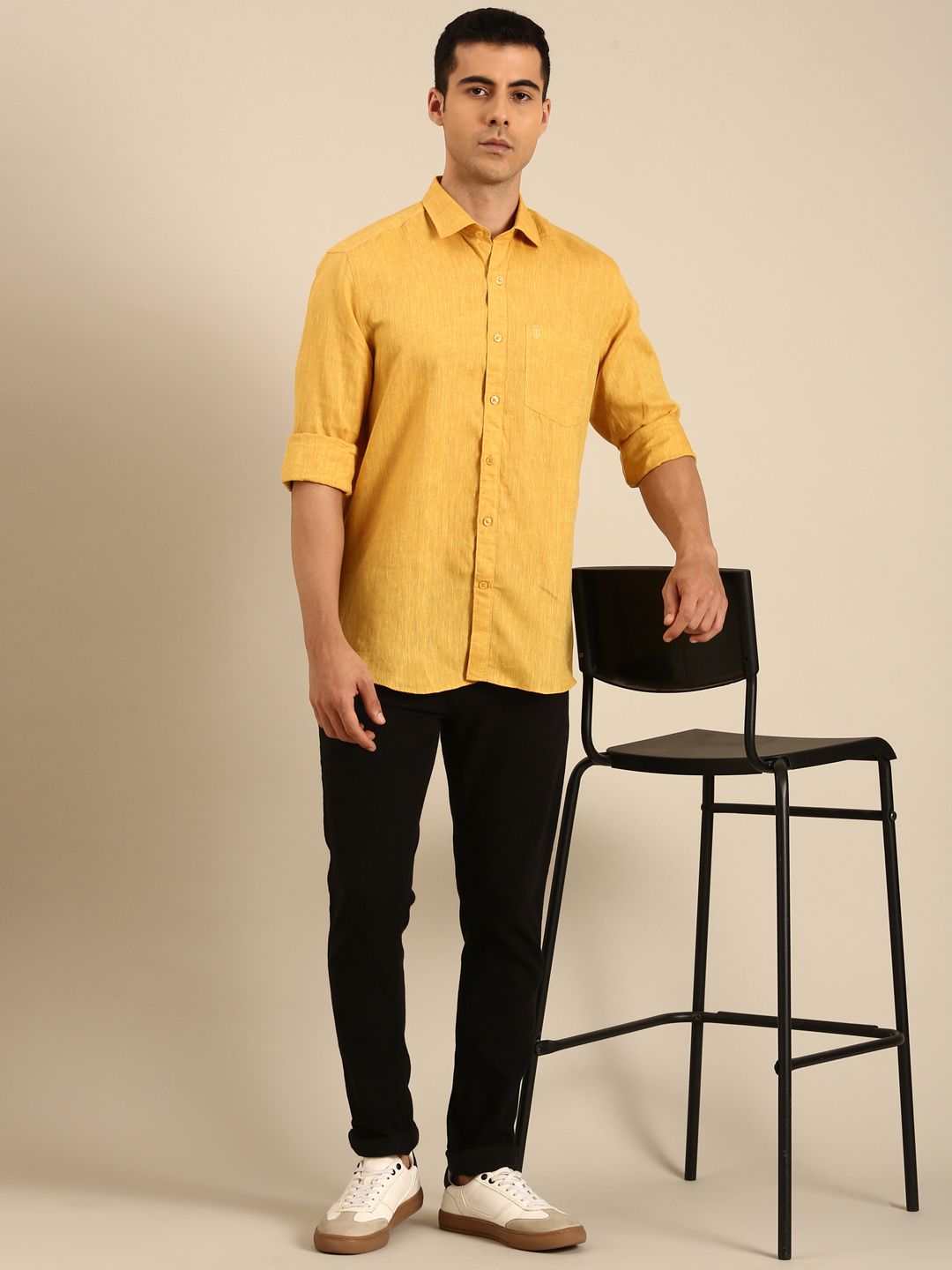 Linen Club Men's Linen Blend Mustard Solid Contemporary Fit Full Sleeves Casual Shirt