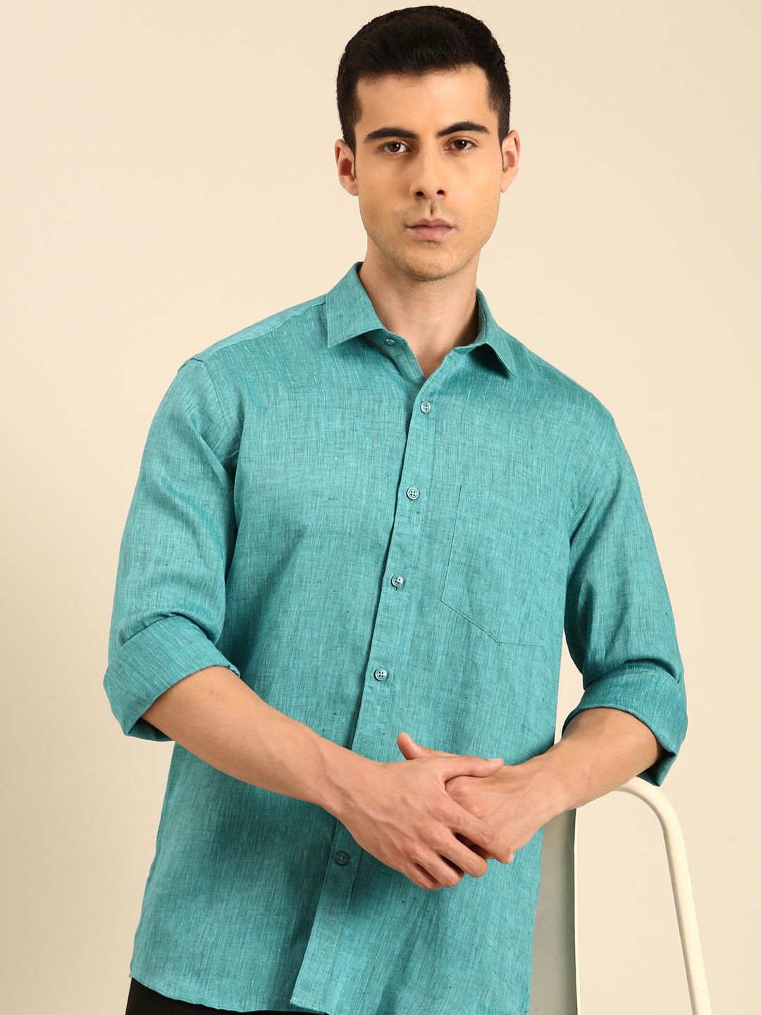 Linen Club Men's Linen Blend Sea Green Solid Contemporary Fit Full Sleeves Casual Shirt