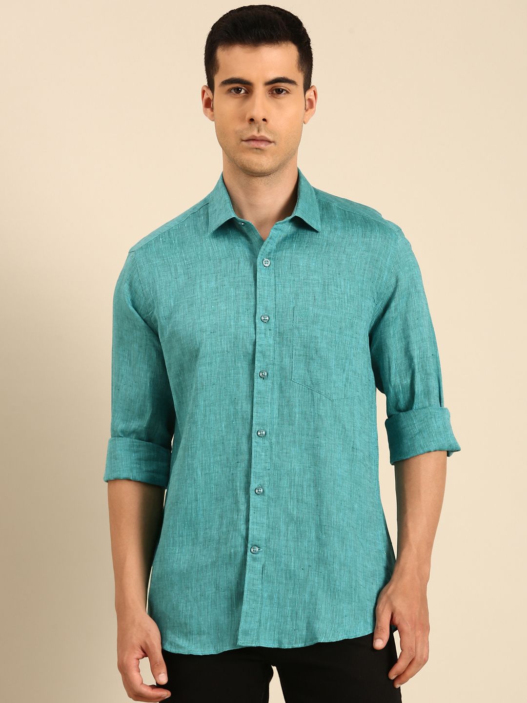 Linen Club Men's Linen Blend Sea Green Solid Contemporary Fit Full Sleeves Casual Shirt