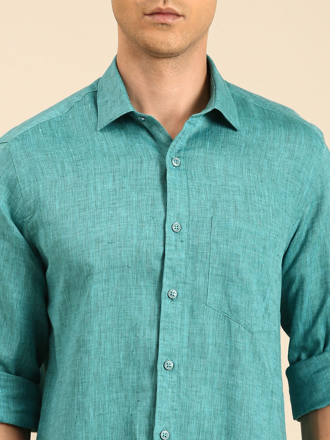 Linen Club Men's Linen Blend Sea Green Solid Contemporary Fit Full Sleeves Casual Shirt
