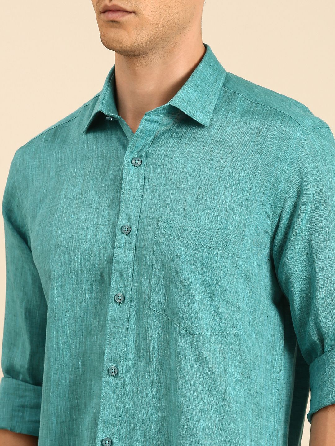 Linen Club Men's Linen Blend Sea Green Solid Contemporary Fit Full Sleeves Casual Shirt