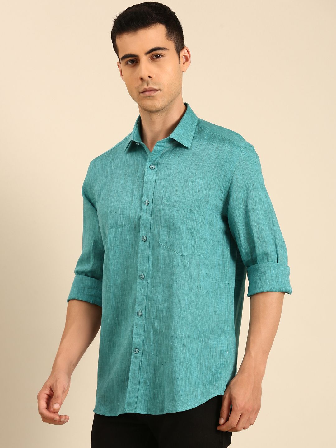 Linen Club Men's Linen Blend Sea Green Solid Contemporary Fit Full Sleeves Casual Shirt