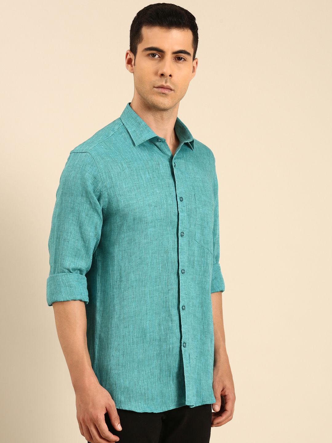 Linen Club Men's Linen Blend Sea Green Solid Contemporary Fit Full Sleeves Casual Shirt