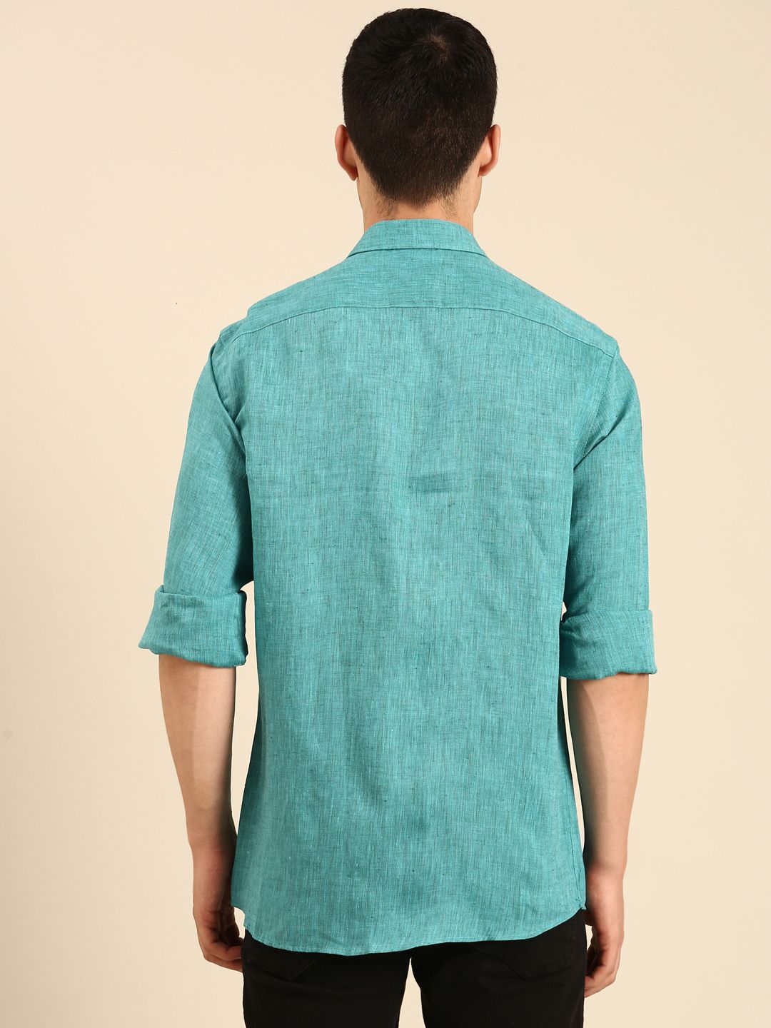 Linen Club Men's Linen Blend Sea Green Solid Contemporary Fit Full Sleeves Casual Shirt
