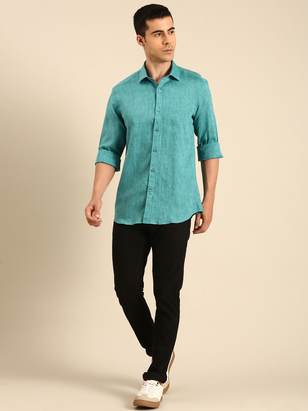 Linen Club Men's Linen Blend Sea Green Solid Contemporary Fit Full Sleeves Casual Shirt