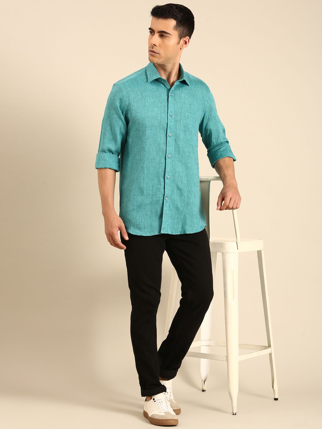 Linen Club Men's Linen Blend Sea Green Solid Contemporary Fit Full Sleeves Casual Shirt