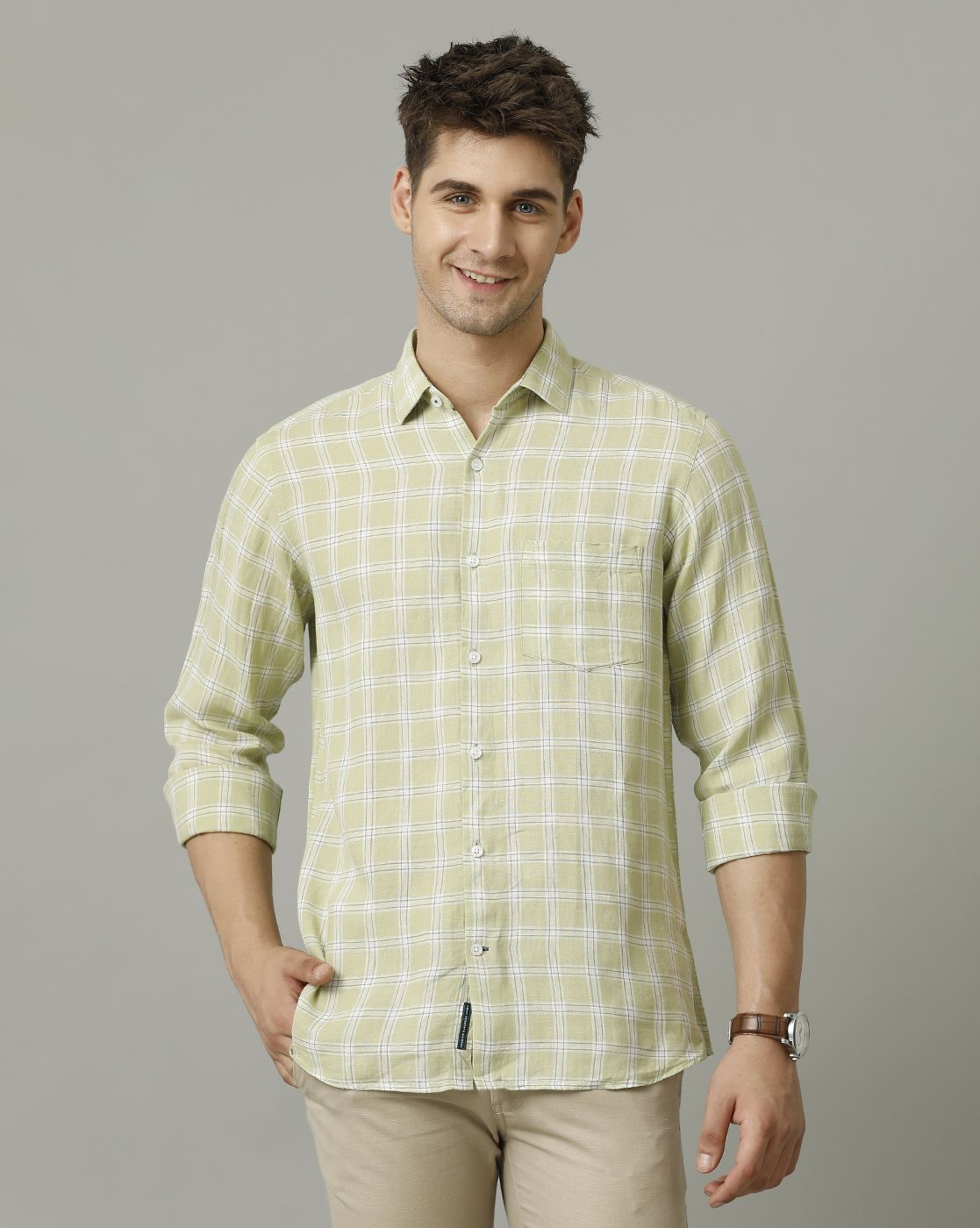 Men's Pure Linen Green Checked Contemporary Fit Full Sleeve Sleeve Casual Shirt