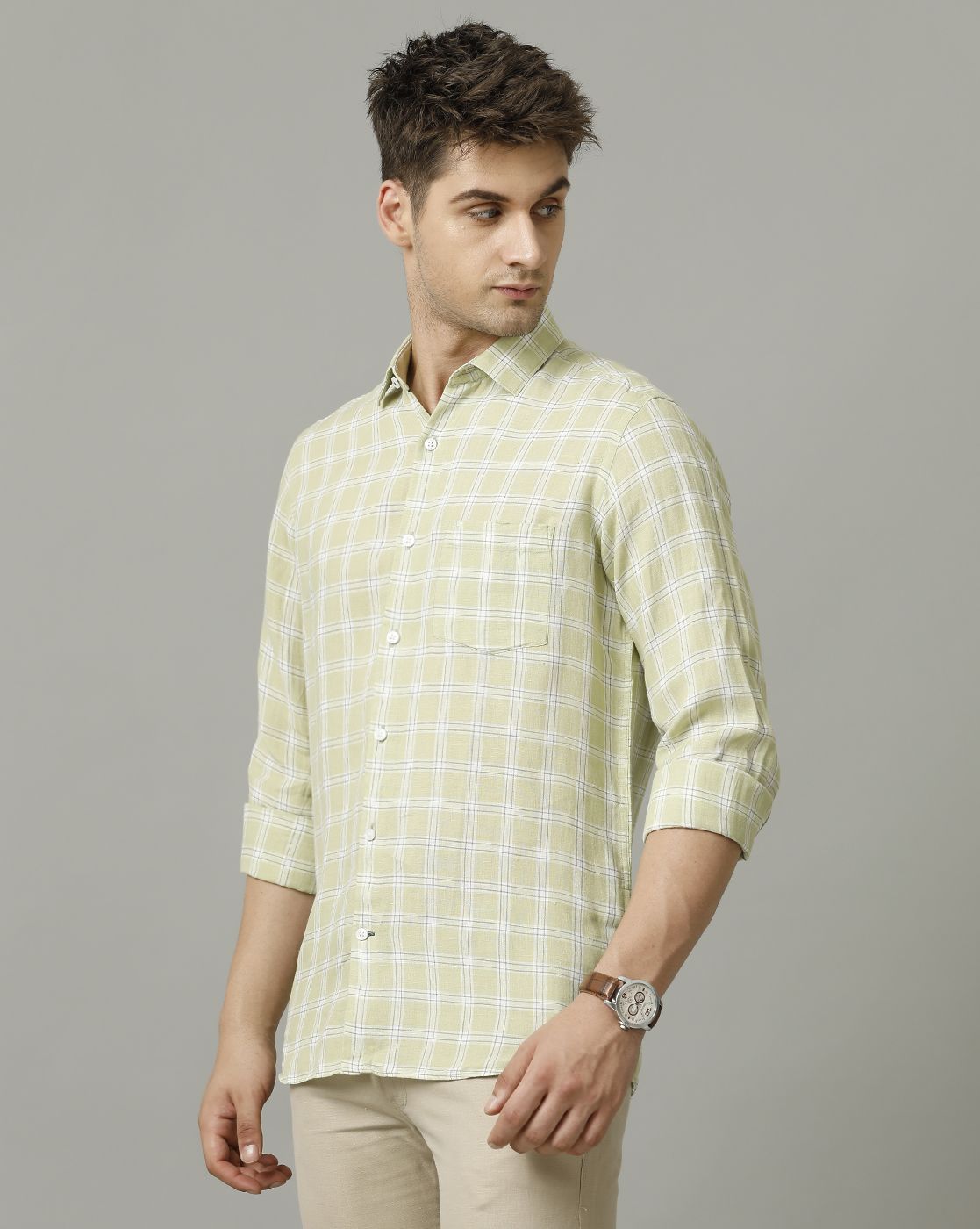 Men's Pure Linen Green Checked Contemporary Fit Full Sleeve Sleeve Casual Shirt