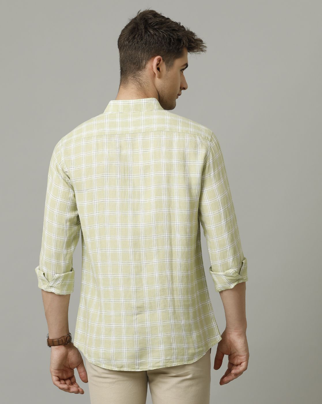 Men's Pure Linen Green Checked Contemporary Fit Full Sleeve Sleeve Casual Shirt