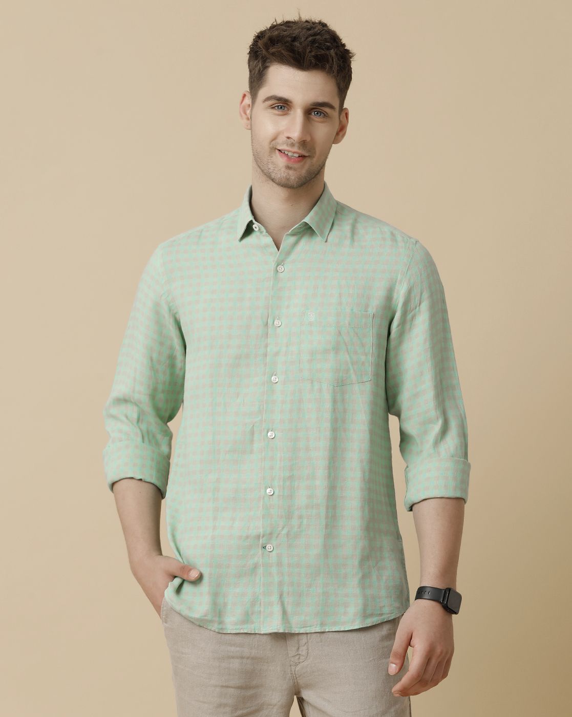 Men's Pure Linen Green Checked Contemporary Fit Full Sleeve Sleeve Casual Shirt