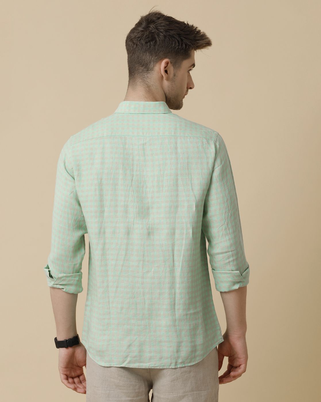 Men's Pure Linen Green Checked Contemporary Fit Full Sleeve Sleeve Casual Shirt