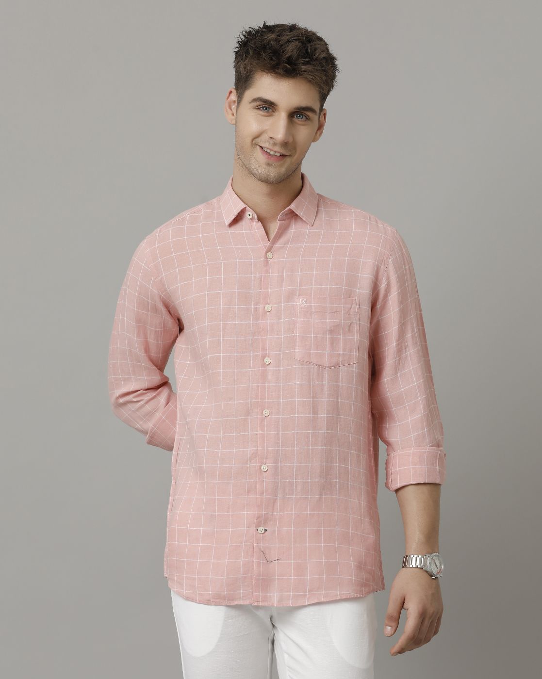 Men's Pure Linen Pink Checked Contemporary Fit Full Sleeve Sleeve Casual Shirt
