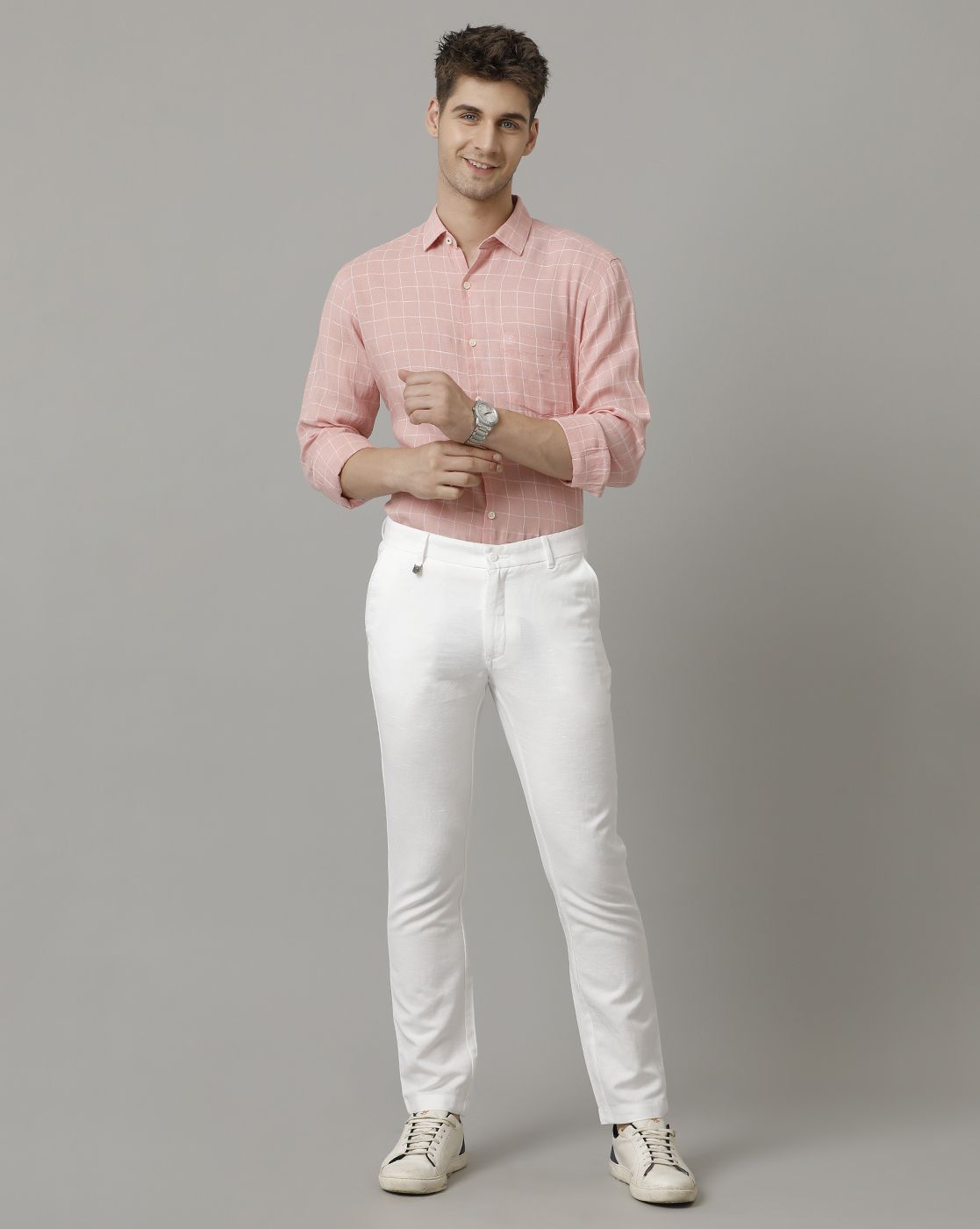 Men's Pure Linen Pink Checked Contemporary Fit Full Sleeve Sleeve Casual Shirt