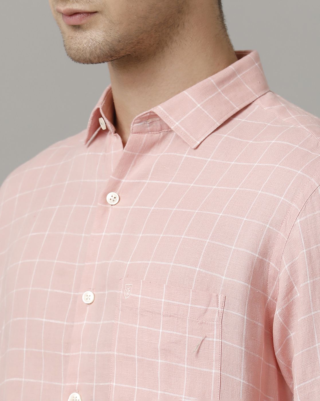 Men's Pure Linen Pink Checked Contemporary Fit Full Sleeve Sleeve Casual Shirt