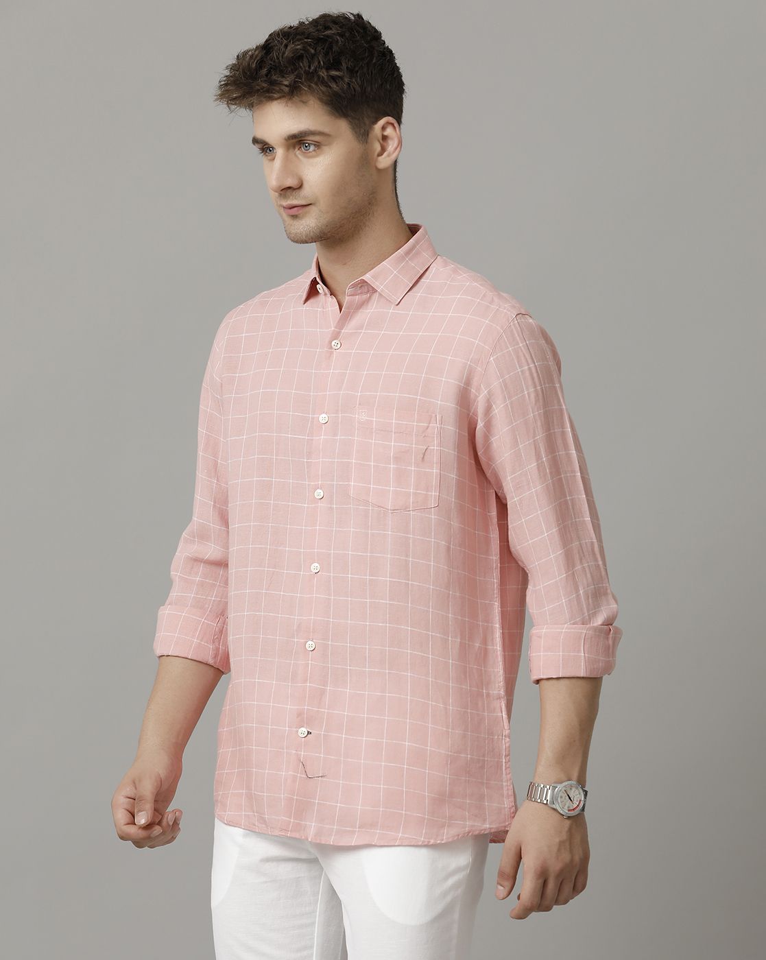 Men's Pure Linen Pink Checked Contemporary Fit Full Sleeve Sleeve Casual Shirt