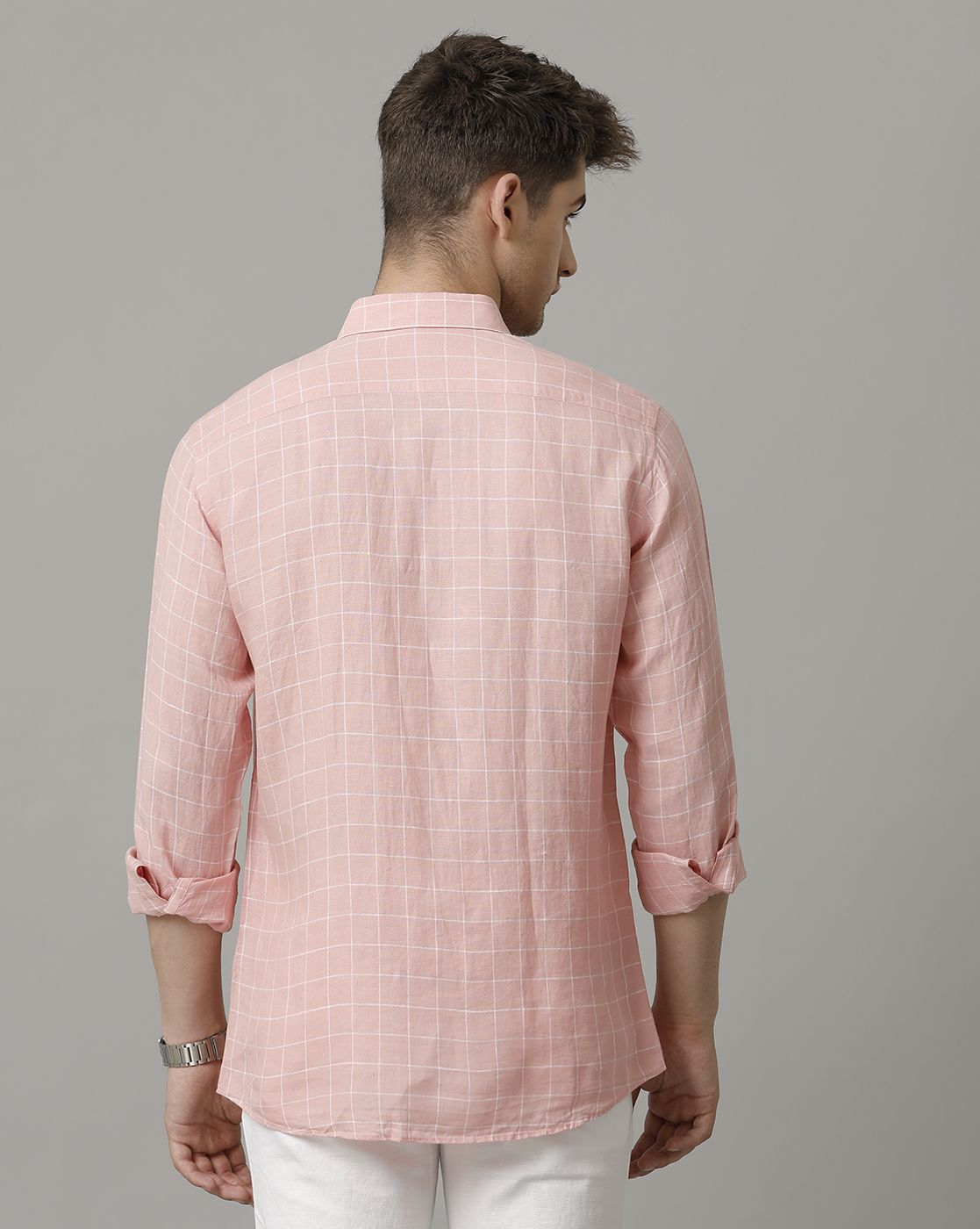 Men's Pure Linen Pink Checked Contemporary Fit Full Sleeve Sleeve Casual Shirt