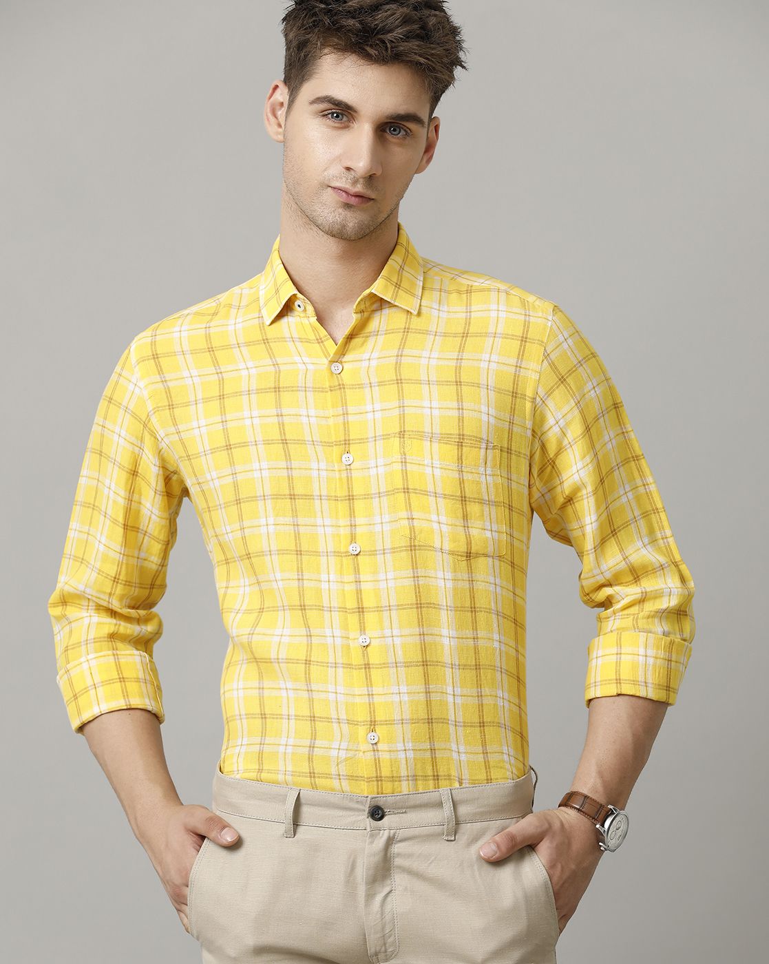 Men's Pure Linen Yellow Checked Contemporary Fit Full Sleeve Sleeve Casual Shirt