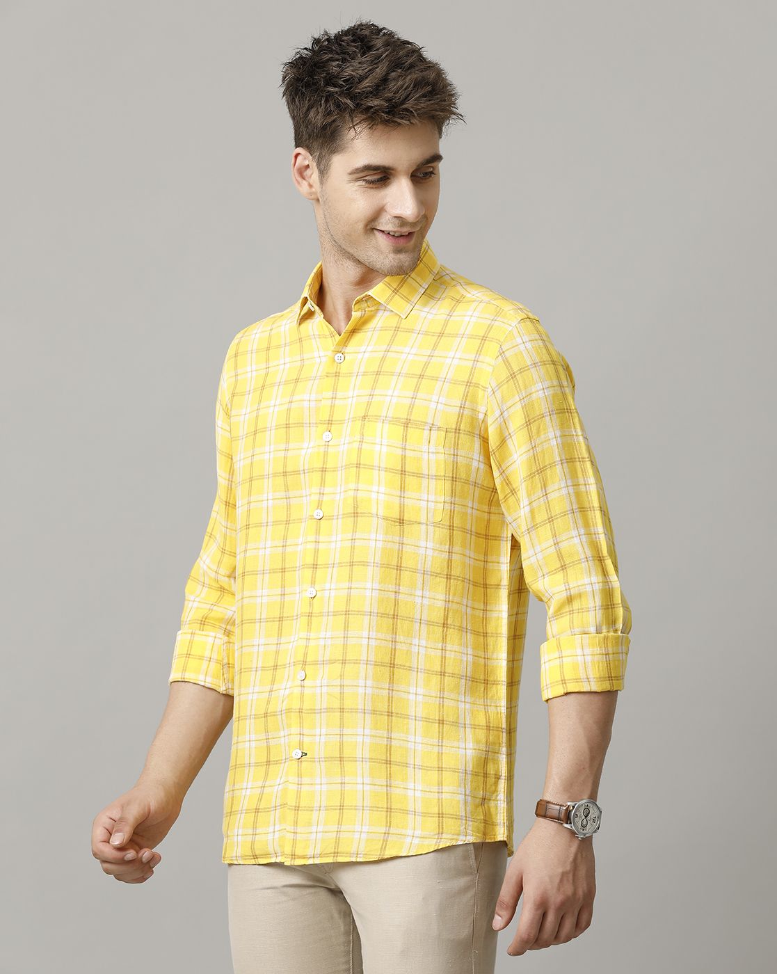 Men's Pure Linen Yellow Checked Contemporary Fit Full Sleeve Sleeve Casual Shirt